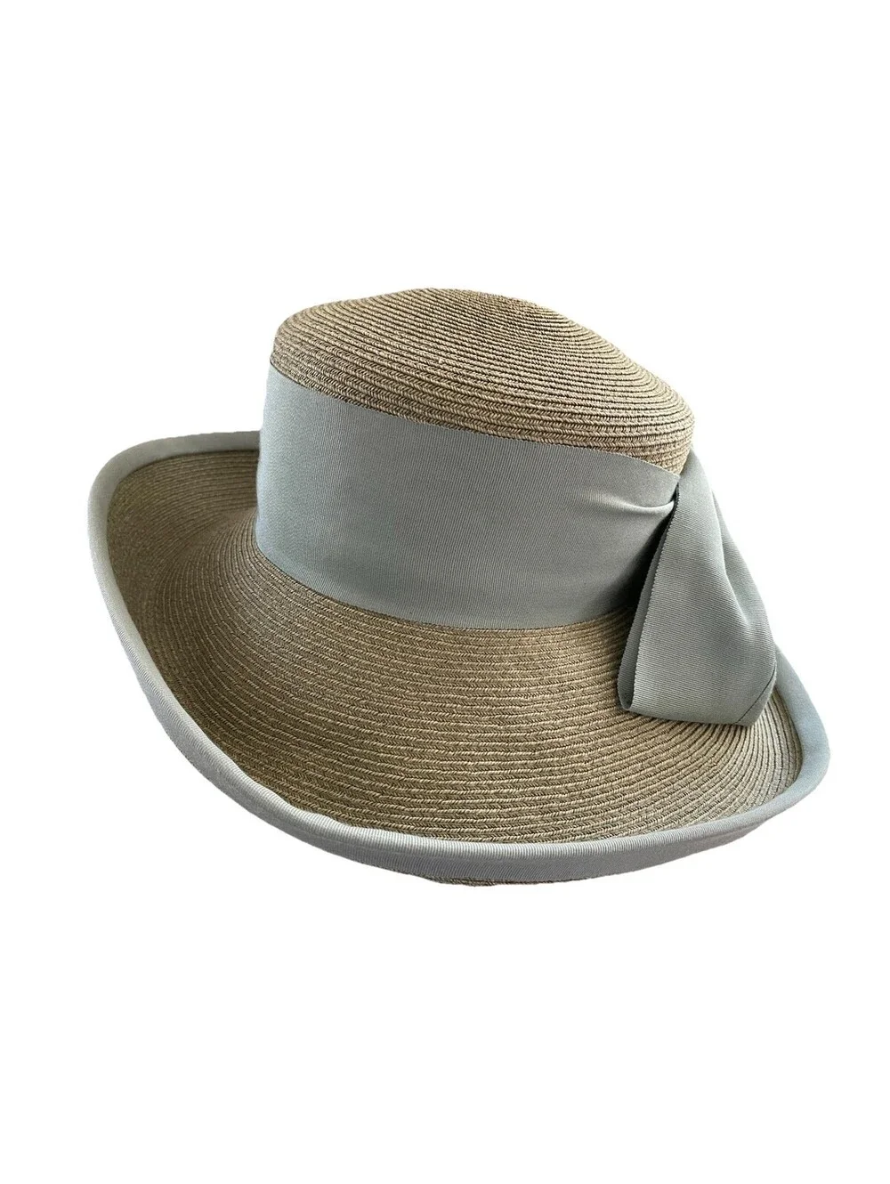 ERIC JAVITS Beige Natural Straw Wide Brim Fedora Floppy Sun Hat Blue Wide Bow